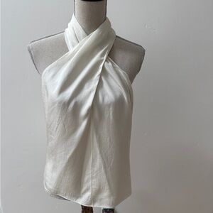 THEORY Elegant ivory Halter Top, twist front, zip back, medium, EUC